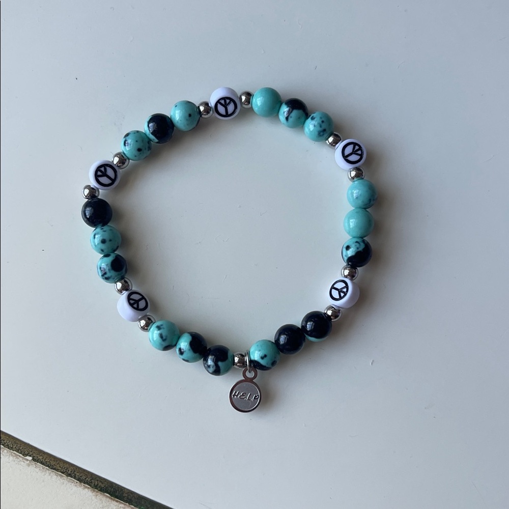 Blue Zebra Jade Bracelet with Peace Signs💙☮️🖤